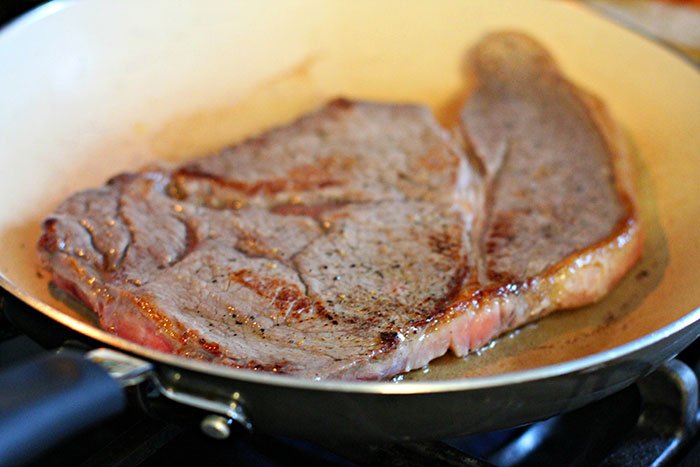 strip steak browned in pan