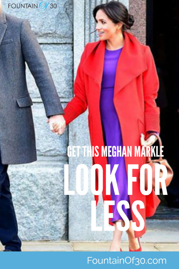 Meghan Markle bold color-block look red coat violet dress brown bag 