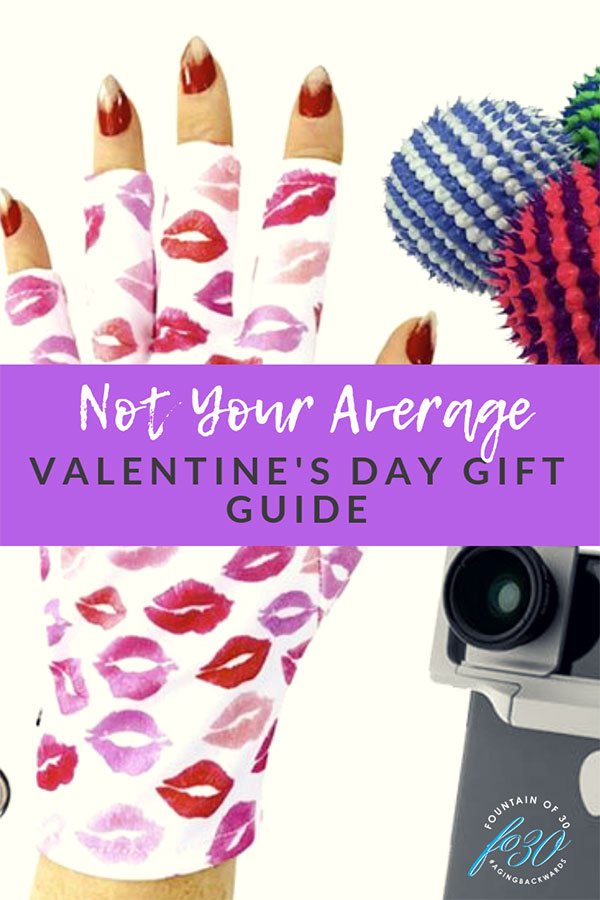 Valentine's Gifts lipstick print manicure glove on woman's hand | blue stripe bouncy drop dot balls | camera lens holder on black iphone