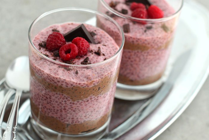 Raspberry Chocolate Chia Pudding on silver tray