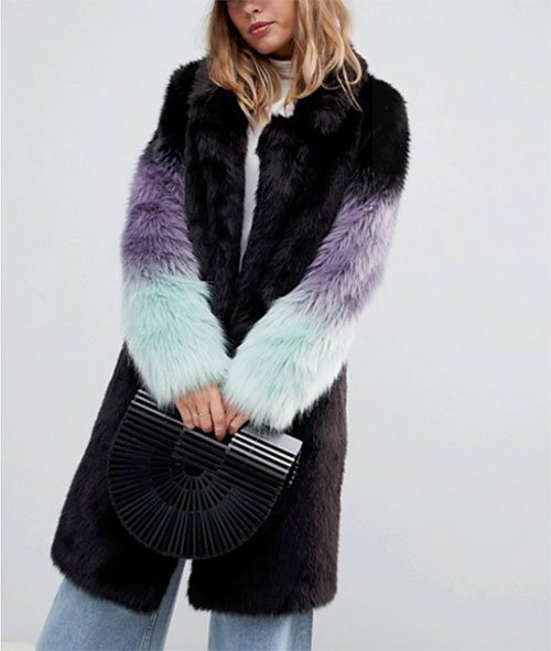 black faux fur coat with aqua and violet ombre sleeves