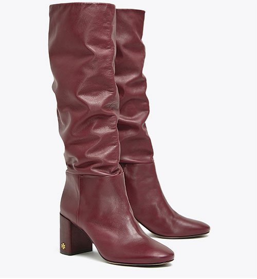 brick red slouchy boots with block heels tory burch