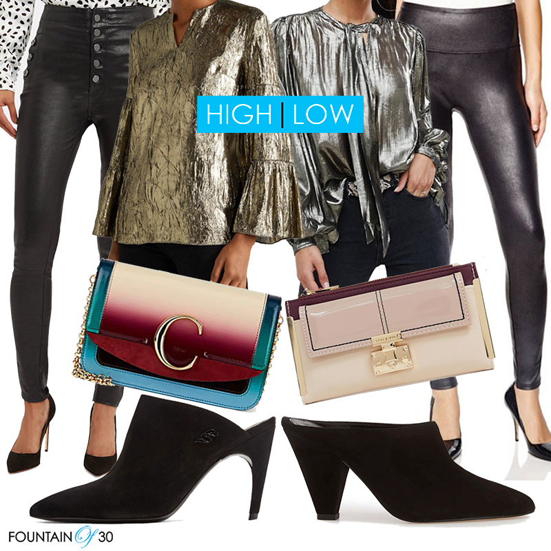cocktail party outfit metallic blouse black leather leggings suede mules colored bag