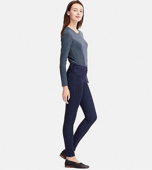 fashion comfort zone denim leggings on brunette model