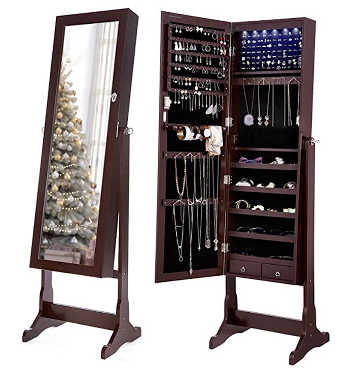 dark brown wooden jewelry cabinet with mirror