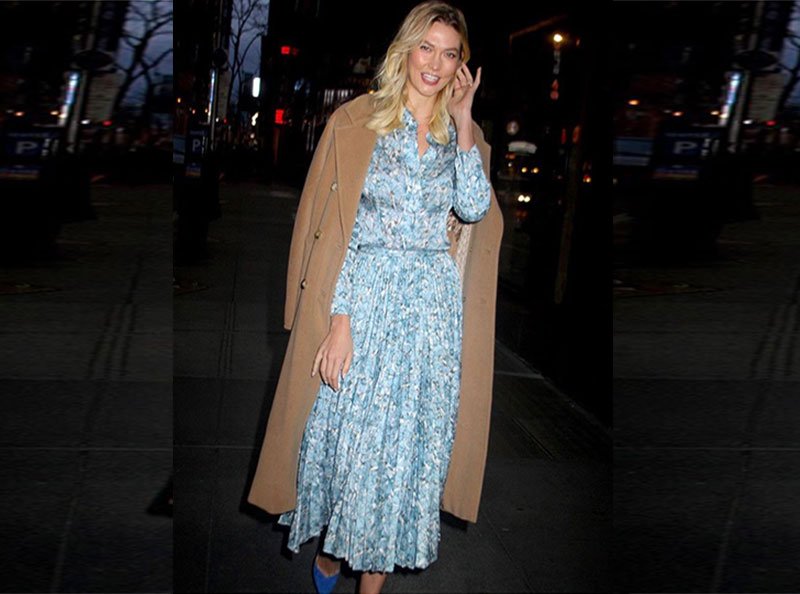 Karlie Kloss Floral Look For Less blue floral dress tan coat with blue pumps