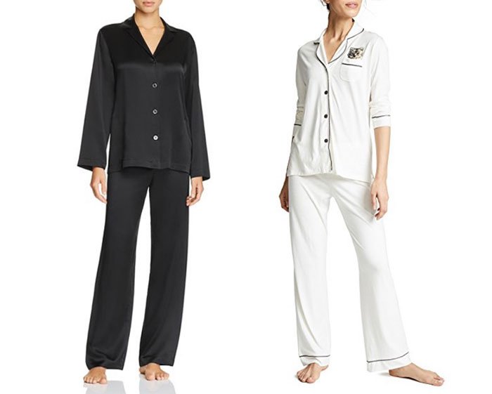 black silk and white pajamas with cat on pocket on female models