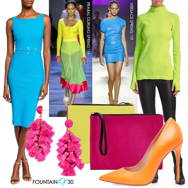 Bright Neon Colors﻿ collage blue dress lime sweater on models on the runway at Prabal Gurung and Versace orange shoes hot pink bag and tassel earrings