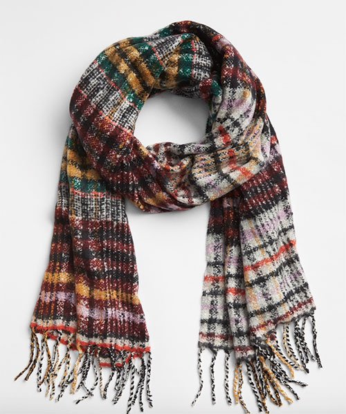 multicolor plaid fringe scarf in black white burgundy pink and gold