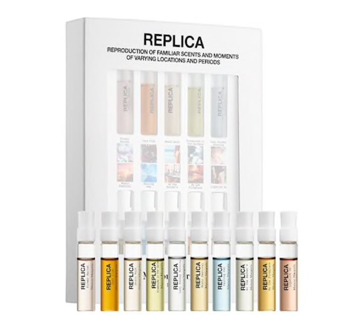 replica white box of multicolored glass fragrance sample sprays