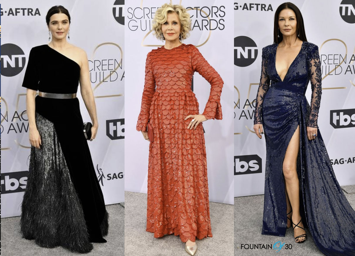 sag awards 2019 fashion Rachel Weisz black one shoulder gown Jane Fonda salmon colored gown catherine zeta jones plunging navy sequin gown