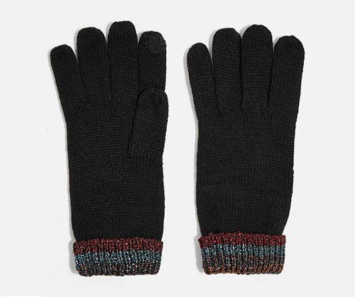 black knit finger gloves with rainbow metallic cuffs