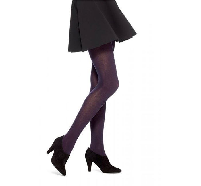 dark tights on model with short skirt and heels 