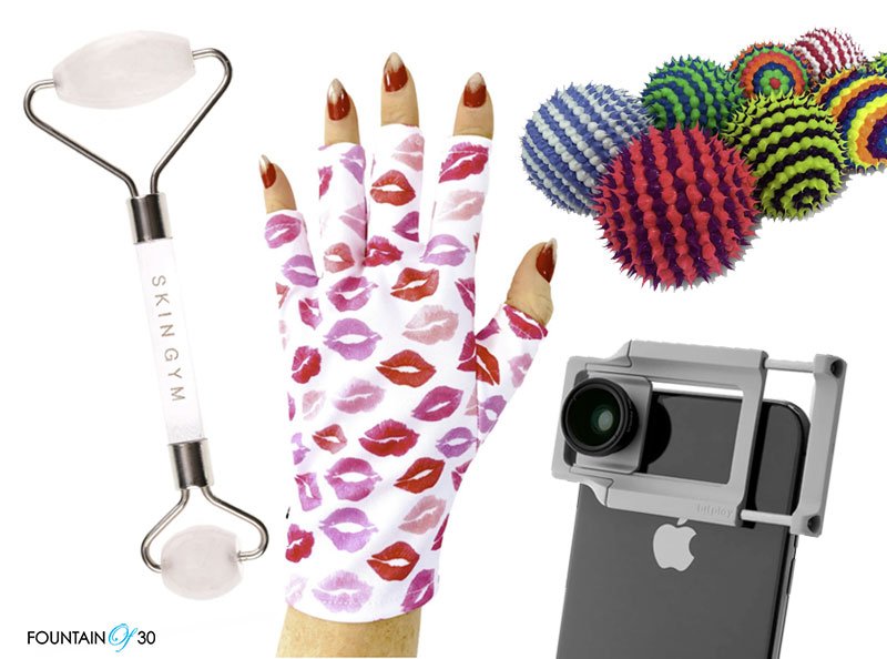 Valentine's Day gifts collage with pink quartz roller pink and red lips print manicure glove bouncy balls iphone