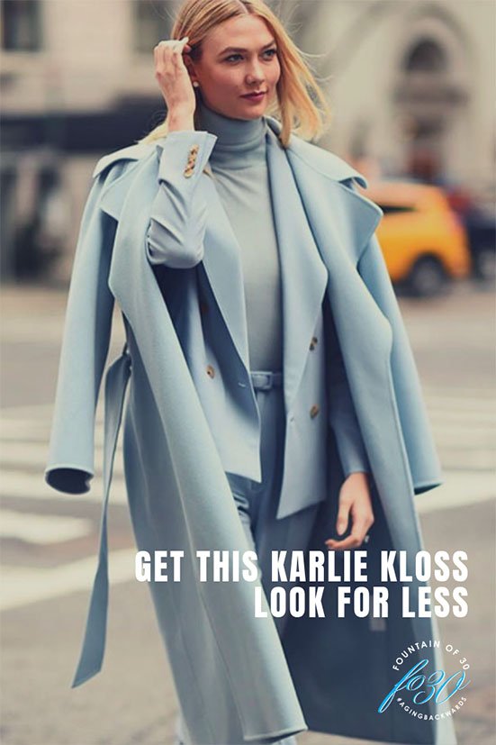 Karlie Kloss supermodel wearing monochromatic light blue blazer, pants, overcoat and turtleneck on a city street