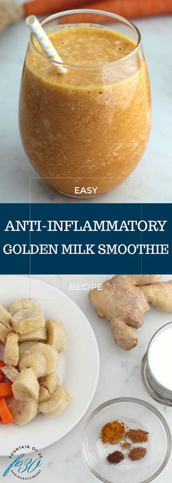 Golden Milk Smoothie recipe serving in a glass and ingredients carrots bananas ginger root and spices