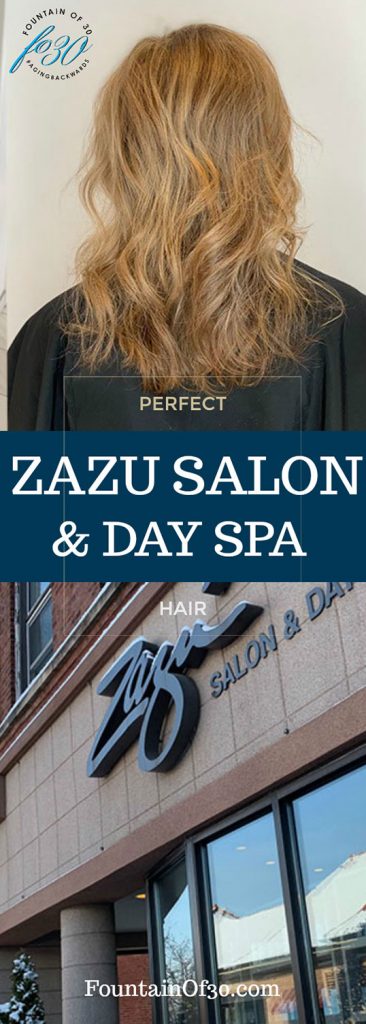 Zazu Salon and Day Spa  wavy highlighted hairstyle shown from the  back and photo outside the salon