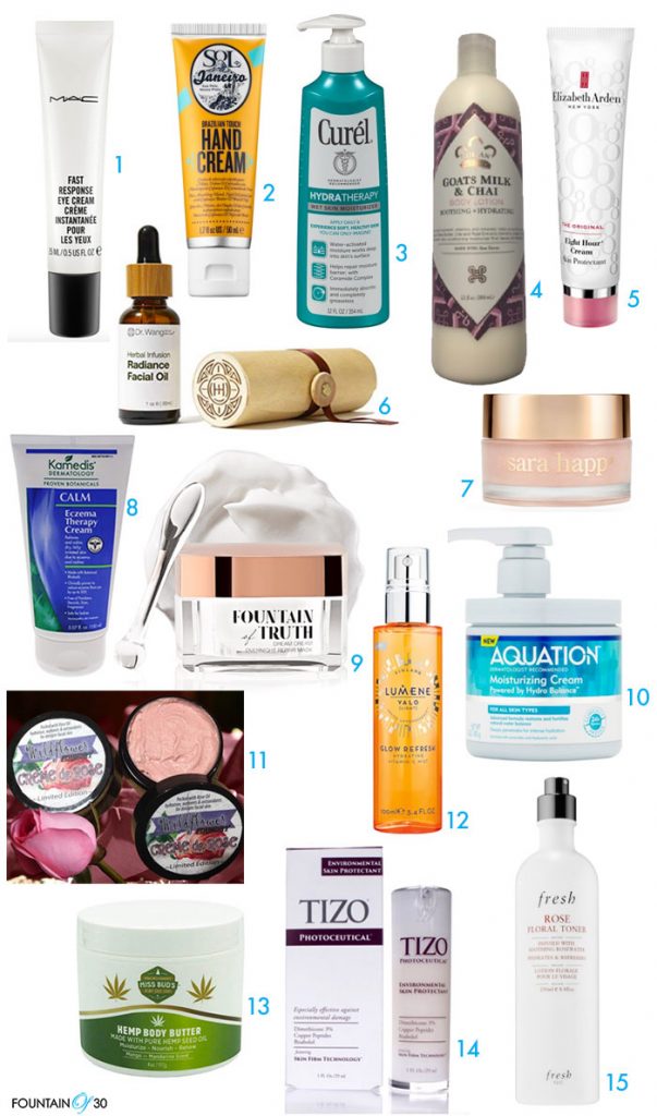 15 Best Products For Dry Winter Skin tubes of hand cream jars of moisturizers pump bottles of lotion and oils numbered 1-15