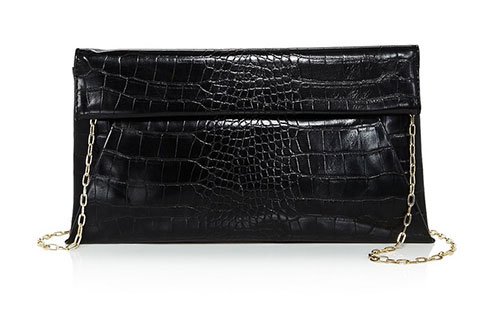 black croc embossed fold over clutch bag with silver chain shoulder strap