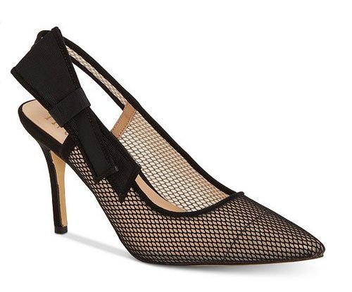 black fishnet slingback pointed toe pumps,