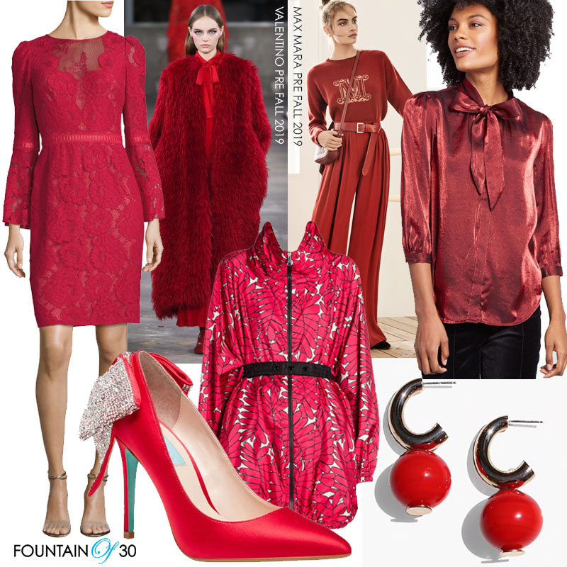 bold red fashion runway and to shop lace dress satin pump silk blouse jacket and red earrings