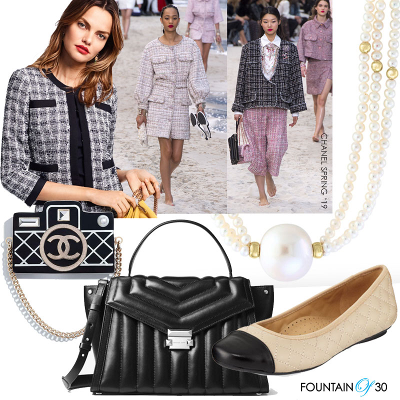 Chanel-inspired trends jacket cap toe flat quilted bag pearl beaded necklace