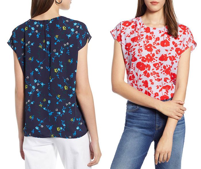 floral cap sleeve top two models one  in navy and the other wearing red print