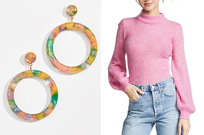 multicolor hoop earrings and candy pink sweater