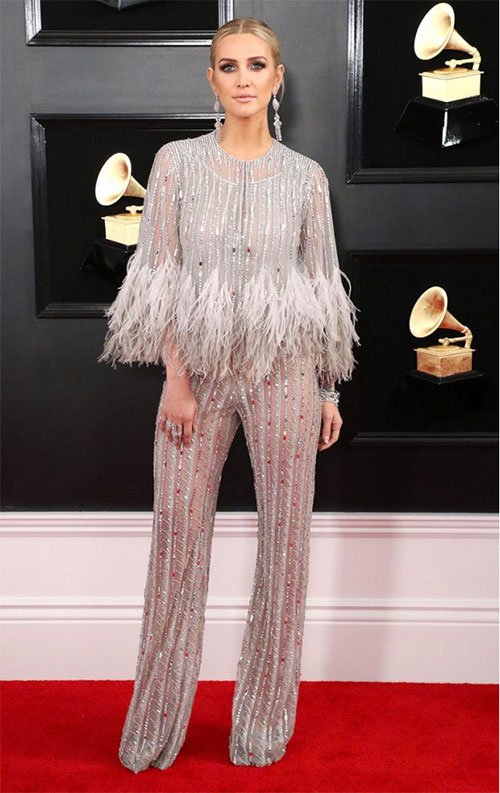 Ashlee Simpson in Georges Chakra silver sequin and feathers pant suit