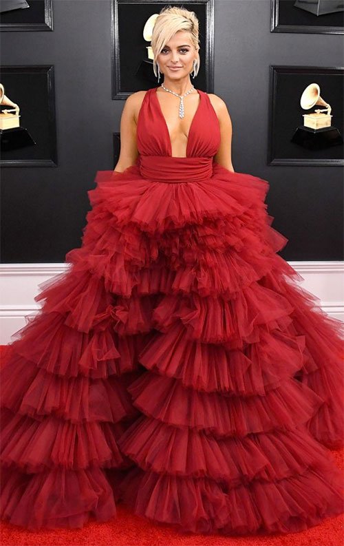 Bebe Rexha in Monsoori red tulle layered halter gown Grammy Awards 2019 Fashion