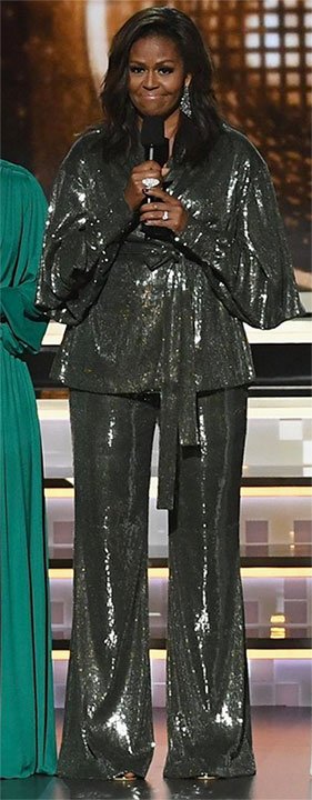 Grammy Awards 2019 Michelle Obama in Sachin & Babi gunmetal sequin pant suit