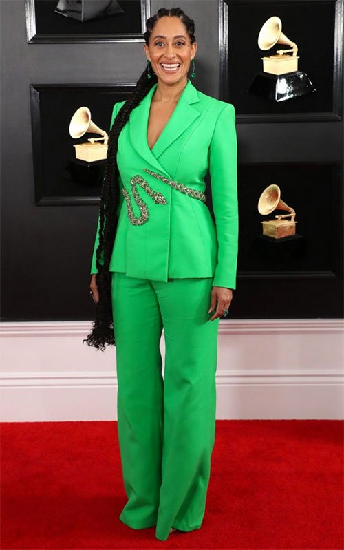 Tracee Ellis Ross in Ralph & Russo bright lime green jacket with snake detail and wide leg pants