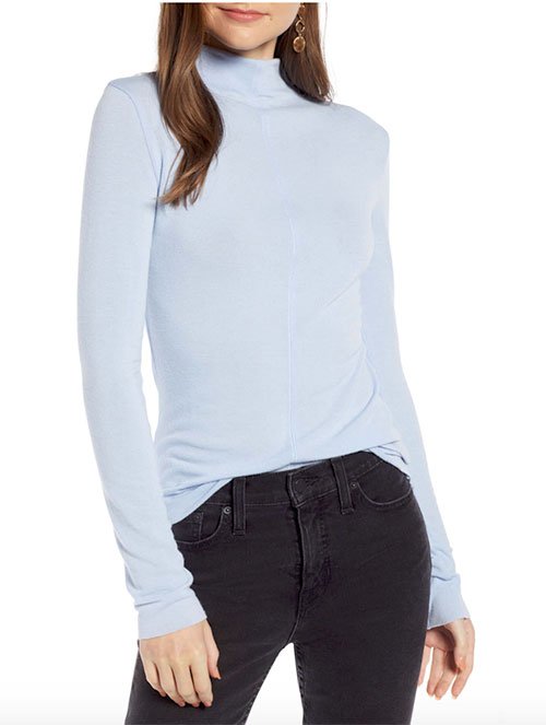 karlie kloss light blue look for less light blue mock neck top 