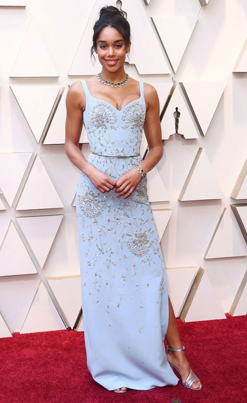 Laura Harrier in light blue Louis Vuitton gown red carper oscars