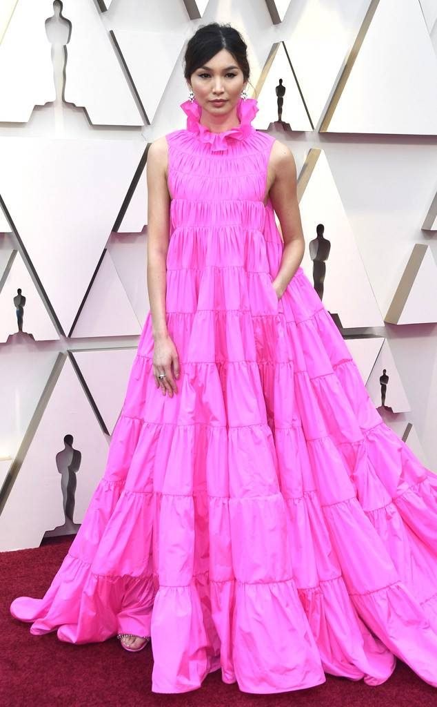 Gemma Chan in neon pink Valentino gown oscars 2019