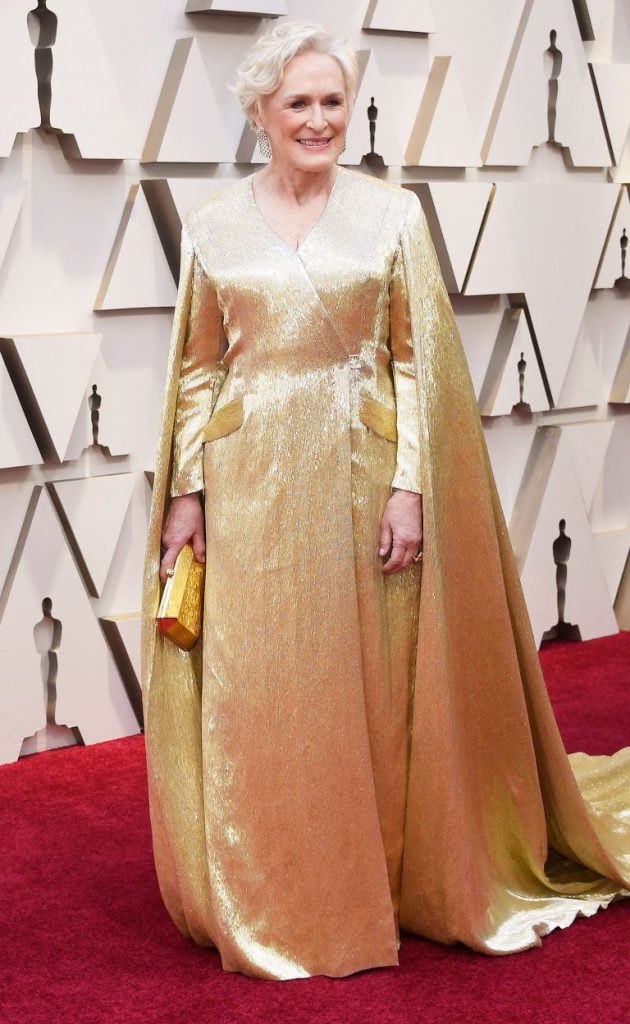 Glenn Close in gold Carolina Herrera cape gown Oscars 2019 red carpet