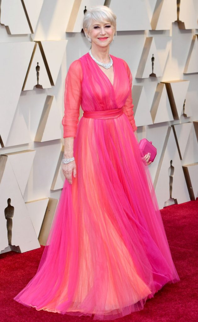 Helen Mirren in pink and orange tulle Schiaparelli gown Oscars 2019