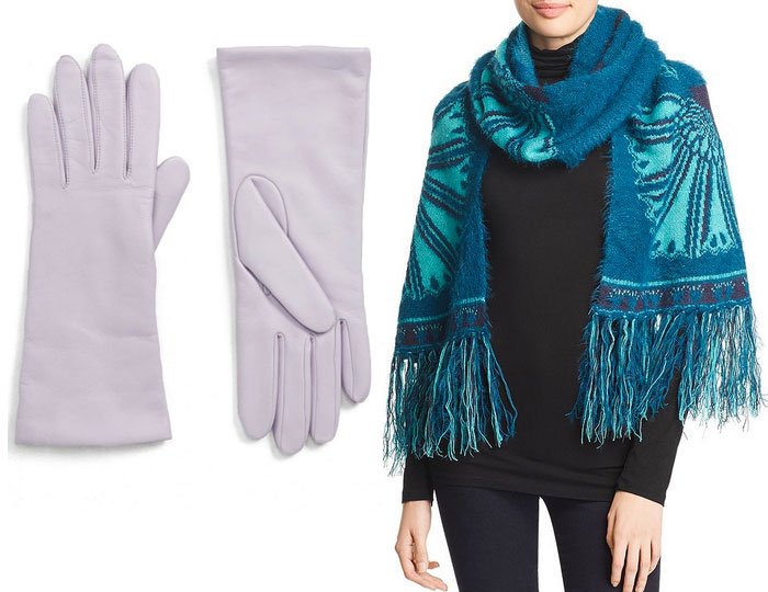 soft lavender leather gloves and bright teal floral wrap scarf