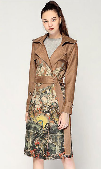 Maggie Gyllenhaal Boho Floral faux suede floral trench