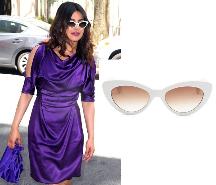 Priyanka Chopra purple dress wearing celebrity cat eye sunglasses