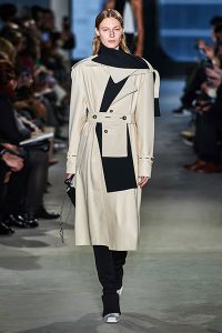 fall 2019 fashion trend Strong Shoulders whit and black colorblock coat