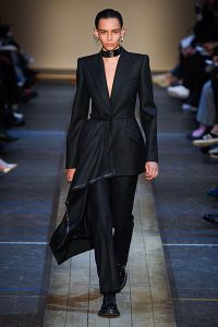 fall 2019 fashion trend Strong Shoulders alexander mcqueen black assymetric pant suit