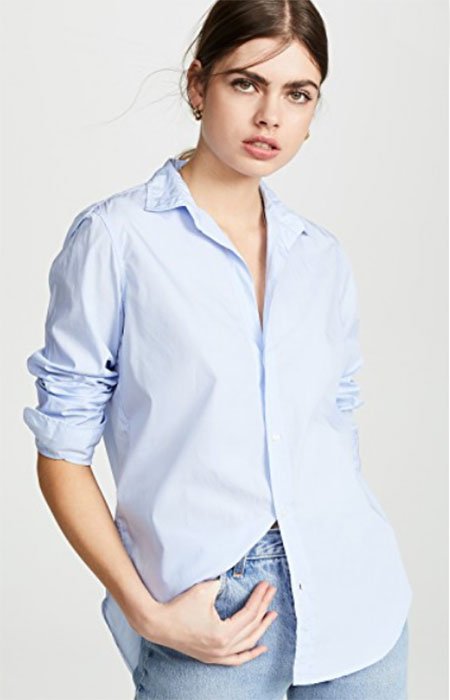 katie holmes style female model in chambray blue sateen button down