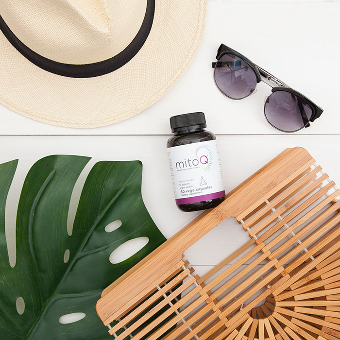 MitoQ CoQ10 supplement straw bag  sun hat sunglasses