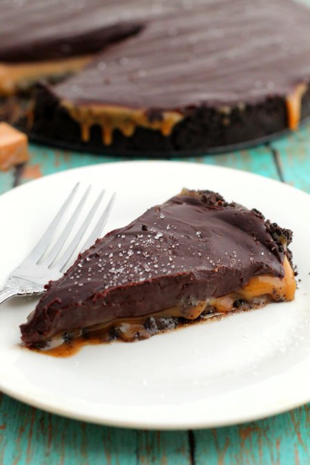 Salted Caramel Chocolate Pie slice on a plate