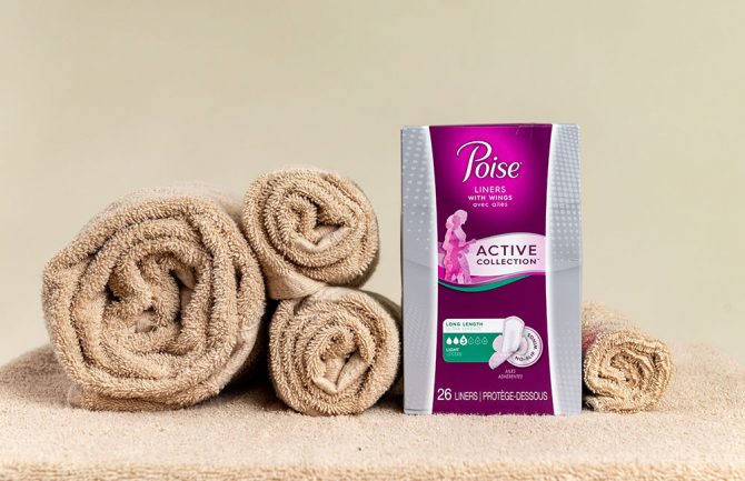Poise Active product box with beige towels fountain of 30