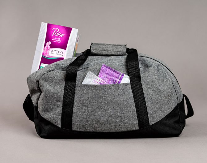 Poise Active incontinence pads product in box grey gym bag fountainof30