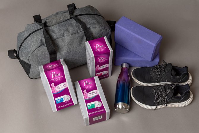 poise active pads with wings 3 sizes boxes gym shoes bag water bottle fountainof30