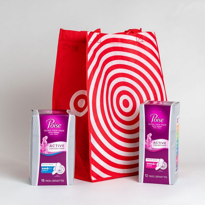 Poise Active At Target 2 product boxes red white Target bullseye bag fountainof30