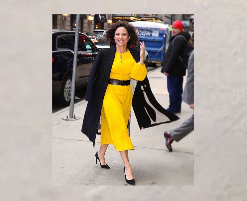 Julia Louis Dreyfus style yellow dress